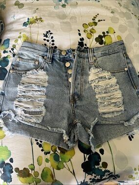 MINKPINK Distressed Light Blue Denim Shorts